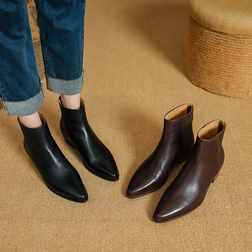 FZFD Top Layer Schaffell speicherte Zehen niedrige Absätze und Nacktstiefel für Frauen Retro -Stil einfach und vielseitig Winterstil Women Stiefel Dicke Absatz Stiefel für Frauen Single Lily Brown 38