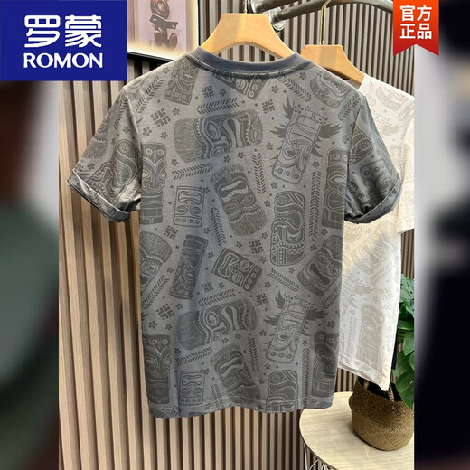 
ROMON European short-sleeved T-shirt for men 2025 summer new cartoon printed slim half-sleeved cotton top White XL 125-140Jin [Jin equals 0.5 kg]