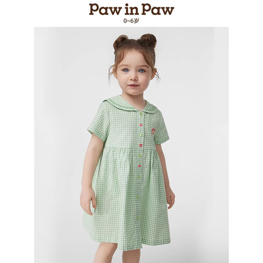 PawinPaw college style cartoon bear children's clothing 25 spring and summer new baby girl lace lapel plaid dress Green green/40 120