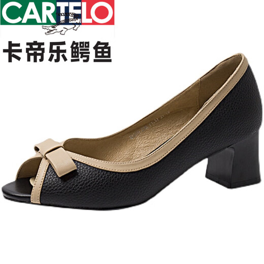 Cartelo @ 2024 Sommer Neues echtes Leder modische dicke Fersensandalen für Frauen, die vielseitig Fischmund mit mittlerer Heel Open-Toe-Single-Schuhe in weißem 36 tragen