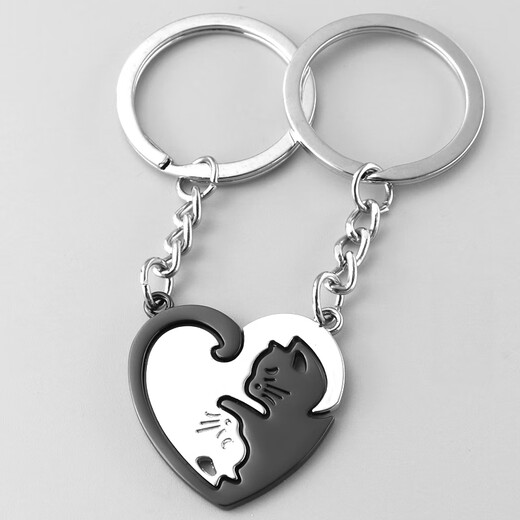 Lecari cat couple keychain A pair of pendants men and women key chain circle lovers day gift girlfriends Black silver cat couple key gifted box