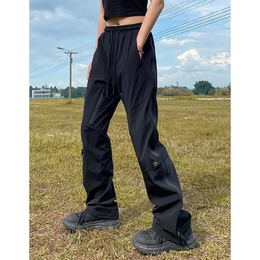 
QGF mountaineering charge pants for women in spring and autumn floor straight loose wide-leg pants sports casual and fashionable micro-flare work pants QT701-K8021 black M