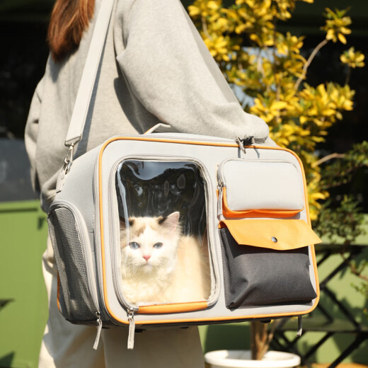 Shijanu Cat Bag, Portable Cat Backpack for Going Out, Pet Space Capsule, Warm Car-riding Artifact, Crossbody Dog Large Capacity Cat Box, Cool Gray Trolley, Includes Shoulder Strap/Noise Reduction, Smooth One Pack, Recommended 18 Jin [Jin equals 0.5 kg] Inner cat 12 Jin [Jin equals, 0.5kg] Inner dog collection plus purchase bonus