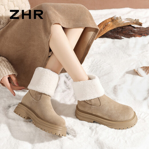 ZHR two-wear snow boots for women plus velvet and thickened women's boots lamb wool warm and increased Northeast cotton shoes JF72 Khaki 37