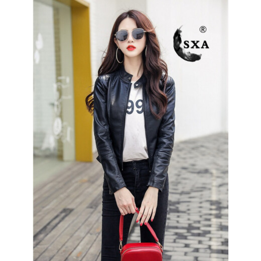 sxa Hong Kong trendy brand short leather jacket women's 2022 autumn and winter new thickened slimming motorcycle jacket leather jacket top temperament versatile short jacket black M