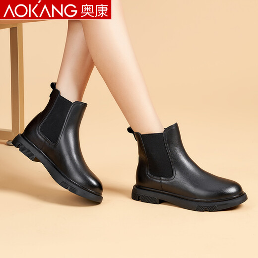 Ocon Chelsea boots for women in winter calfskin retro British soft chimney boots Martin boots naked boots single boots black single 37