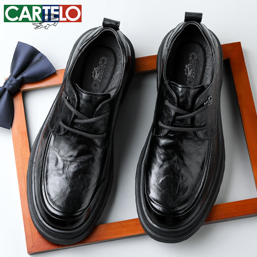 CARTELO men's leather shoes thick-soled hand-scratch pattern anti-wrinkle business casual shoes cowhide breathable lace-up leather shoes men 9946 black 42