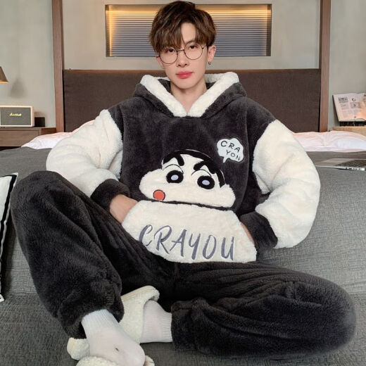 Simple direction men's pajamas autumn and winter coral velvet thickened flannel youth cartoon large-size winter home clothing set 3897 bear thin style 10XL small size m150cm/90Jin[Jin equals 0.5 kg]