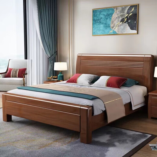 Walnut solid wood bed 1.5mx2m new Chinese style 1.8m bedroom furniture single double bed wedding bed storage bed single bed without mattress bedside table 1500mm*2000mm frame structure