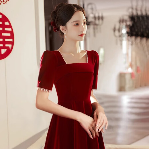 Li Baixin Velvet Toast Wear Bridal Autumn and Winter Simple Burgundy Temperament Slim Engagement Dress Back Door Dress Dress Women Burgundy L Recommended 100-110 Jin Jin equals 0.5 kg