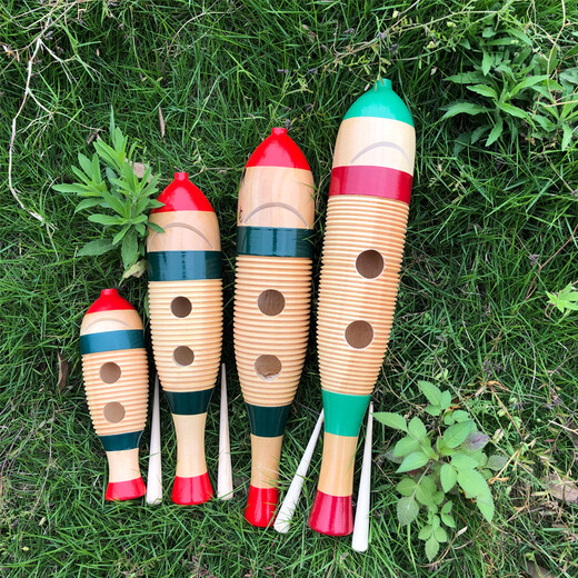 Orff Orff instrumento de percusión pez rana de madera zumbador de rana en forma de pez pez colorido rana instrumento musical material didáctico musical para jardín de infantes trompeta de 19,5 CM