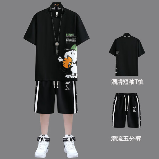 诚婕青少年短袖短裤套装男孩子夏季t恤大童初中学生新款潮流运动休闲 两件套【15816白色+短裤】 M 165 适合75-95斤
