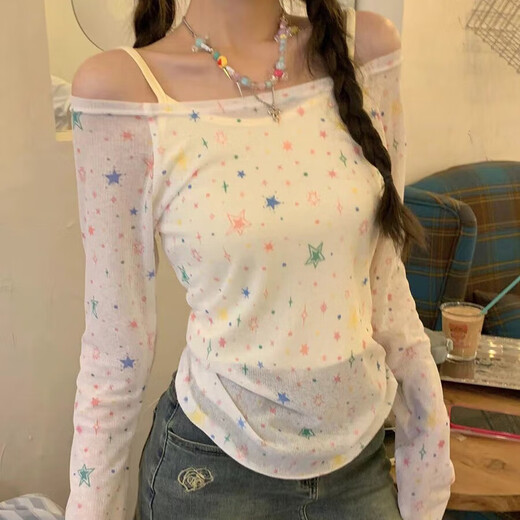 乐卡利 泳衣星星罩衫 微透长袖泡温泉沙滩比基尼女防晒外搭套头上衣T恤 星星罩衫【白优质版  80-120斤】