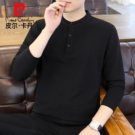 Pierre Cardin stand collar long-sleeved T-shirt men's spring and autumn trendy white Henry collar inner bottoming shirt men's early autumn tops 56119 black L 175