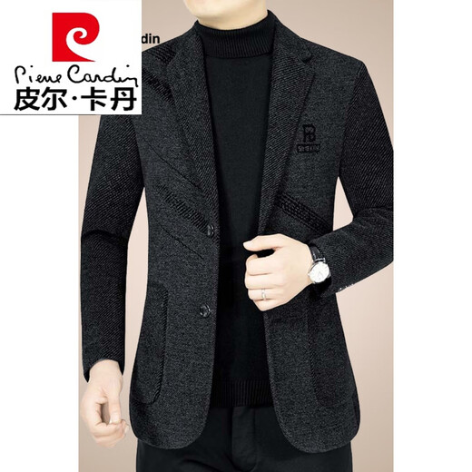 皮尔卡丹（pierre cardin）休闲中年男士西服羊毛呢子外套修身小西装春秋季新款男装针织 黑色 170/M(90-110斤)
