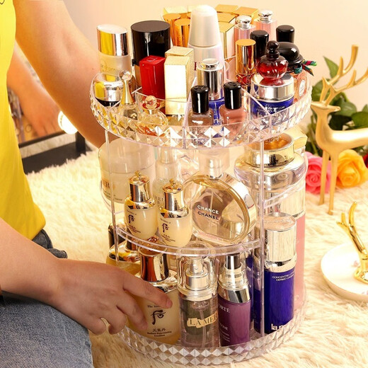 Fantasy internet celebrity cosmetics storage box rotating acrylic dressing table organizer desktop lipstick and skin care product storage rack LL8 rotatable transparent diamond pattern