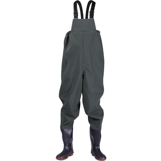 Water pants, reservoir rain pants with rain boots, waterproof clothes, water shoes, half-length one-piece water pants for men, thickened whole body, black rubber suspender pants, 130 silk, extra thick, shoe size 40
