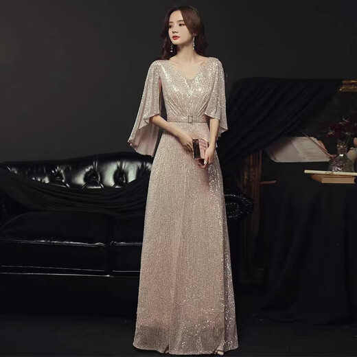 Noliti high-end evening dress banquet fashion new style noble golden light luxury high-end niche performance host female champagne color long M