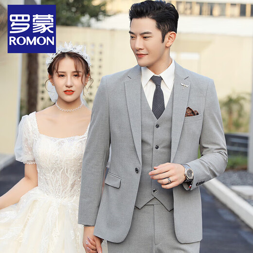 ROMON groom wedding suit men's suit dress British suit three-piece suit Korean version slim business casual professional formal suit TZ850 dark gray one-button suit + trousers + vest XL recommended 125-135 Jin Jin equals 0.5 kg