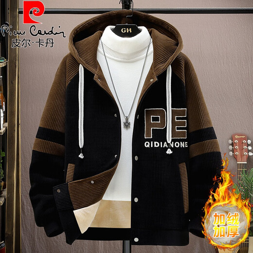 皮尔卡丹（pierre cardin）连帽夹克男春秋季潮流拼色灯芯绒上衣青少年学生加绒加厚运动外套 6623黑白色 L (约110~130斤可穿)