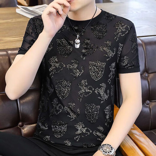 ZHIDOUDOU flocking European goods men's ice silk hollow short-sleeved T-shirt men's 2023 summer top trendy clothes men 3893 blue M -120Jin [Jin equals 0.5 kg]