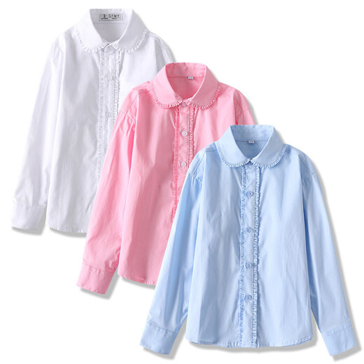 Feng Lingniao girls' white shirt long-sleeved middle and large children's performance uniforms for primary and secondary school students solid color school uniform children's pure cotton shirt pink white 160 cm