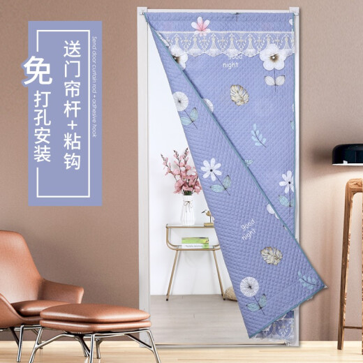 [Free Door Curtain Rod] No Punching Thick Warm and Insulating Quilted Cotton Fabric Door Curtain Bedroom Windproof and Coldproof Partition Curtain [Quilted Cotton Warm Door Curtain] - Small Flowers 90*200cm