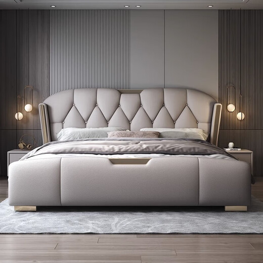 Jian Xin Einfache moderne leichte Luxus -Lederbett Doppelbett 1,8 Meter 2 Meter Hochzeitsbett Hauptschlafzimmer Queen -Bett 3532