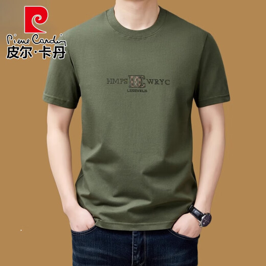 皮尔卡丹（pierre cardin）圆领短袖t恤男纯棉休闲重磅夏季中年半袖体恤感上衣服针织 军绿YS9926有胸标 165/M(100斤-120斤)