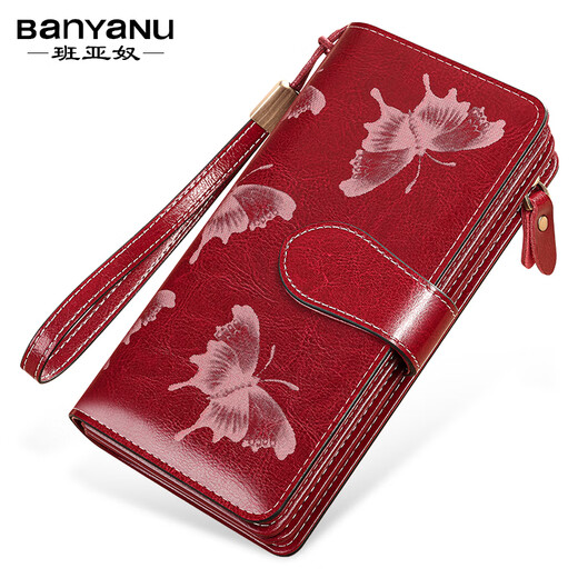 Banyanu portefeuille en cuir véritable pour femme 2025 nouveau portefeuille femme petit sac grande capacité pochette long portefeuille en cuir carte sac pour mère bordeaux-brosse antivol