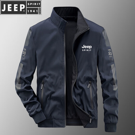 JEEP SPIRIT夹克男士春秋款立领宽松双面穿冬季青中年商务茄克衫加棉外套 9866藏青加棉款【升级版】 3XL (建议160-175斤)
