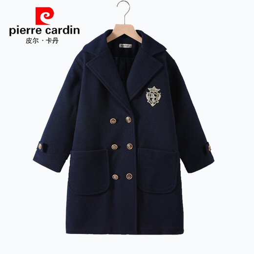 Pierre Cardin Wollmantel für Mädchen, britischer College-Stil, 2025, Winter, verdickt, mittellang, großer Wollmantel für Kinder, warm, Marineblau, 150 cm