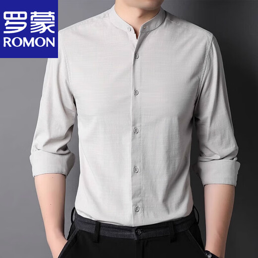 罗蒙（ROMON）小立领棉衬衫男2025年春秋长袖衬衣休闲内搭中华领薄款 9930款白色 165/S