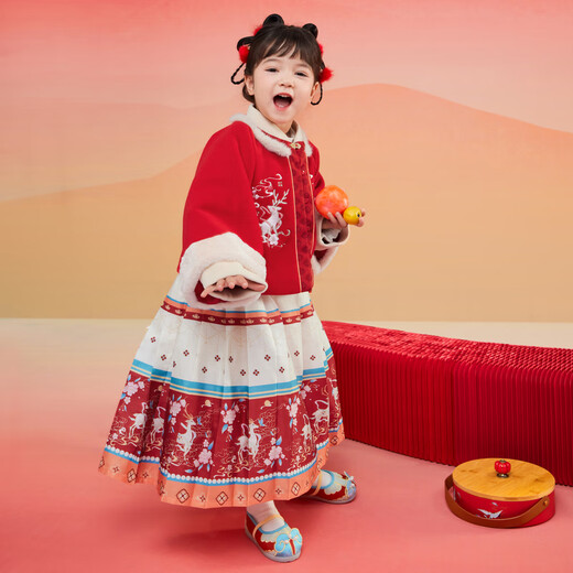 Balabala children's clothing, girls' Hanfu suit, autumn, winter and new year baby warm red New Year's greeting suit