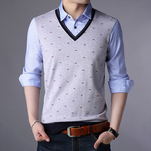 Yimuqi double-collar sweater for men in spring and autumn fake two-piece sweater without velvet new collar T-shirt thin men's base 3877 blue (single-sided style in spring and autumn) one size 165/m Recommended within 120 Jin [Jin equals 0.5 kg]