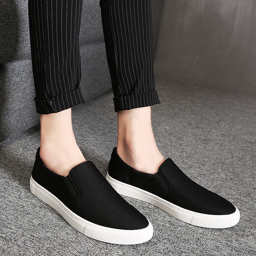 JRNR Brand Herren alte Peking-Stoffschuhe Herrenschuhe Frühling und Sommer Neue Leinwandschuhe lässige ein Fuß faule Schuhe Männer Schwarze Schwarze Sohle 43