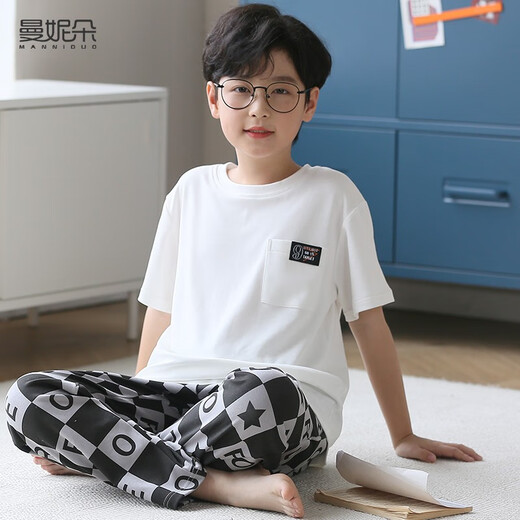 曼妮朵儿童睡衣男童短袖长裤大童家居服夏青少年全棉男孩纯棉空调服套装 F724【短长】 170 XL码建议165-170cm