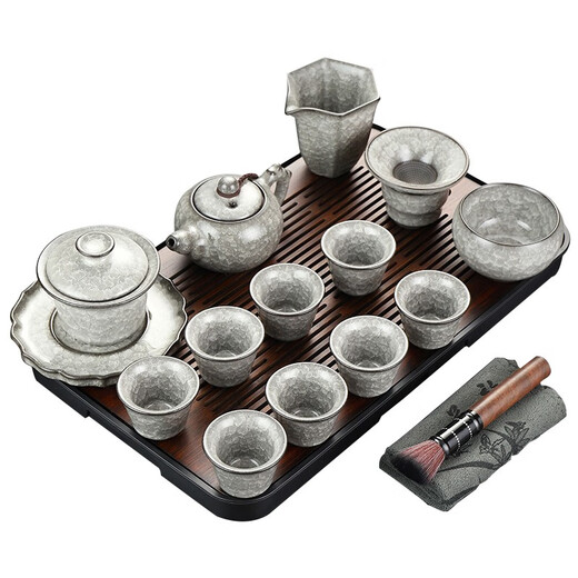 Kanglepin Black Ice Glaze Tea Set Complete Set of Household Ceramic Ice Crack Glaze Teapot Teacup Water Ice Flower Kung Fu Tea Set Qianchuan (Plate) + Black Ice Covered Bowl Teapot 14-Simple Pack