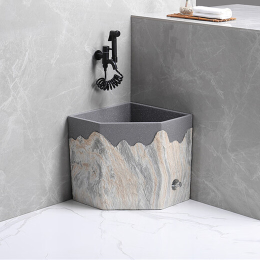 TVboop corner mop pool Chinese style balcony outdoor courtyard garden artificial stone mop pool kick drainage large size corner retro stone mop pool (black spray gun dragon