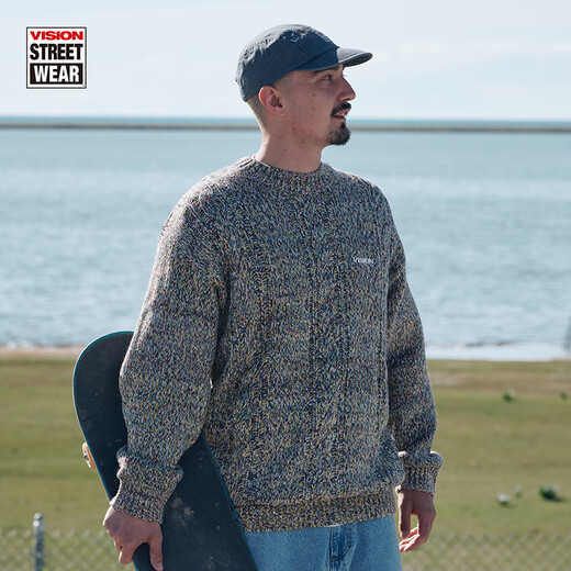 Vision Street Wear Oficial American Retro Mixing Jacquard Loose Round Neck Sweater Sweater para hombres y mujeres Beige M