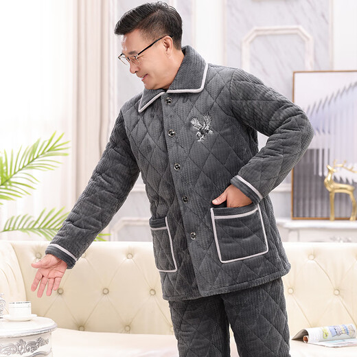 
Xuanduoqi pajamas men in winter thickened coral velvet three-layer cotton flannel dad middle-aged and elderly home clothes set C9901# black gray men [milk velvet] XXXL (165-200Jin [Jin equals 0.5 kg]) three-layer thickened