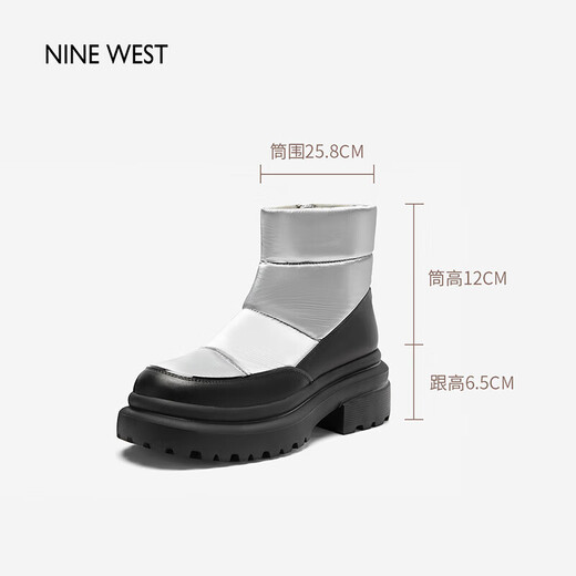 NINE WEST品牌雪地靴女银色防水2025冬新款圆头加绒厚底增高短靴女 黑/银(绒里) 34