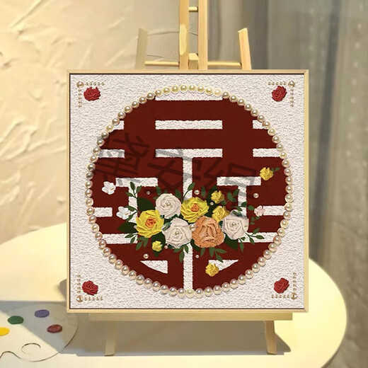 新婚结婚礼物喜字肌理画石英砂丙烯数字油画diy玫瑰装饰挂画 qx10975肌理画 50*50cm加厚实木内框-高亮颜料+