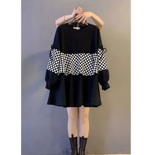 SANGJI (SANGJI) Spring and Autumn Top Splicing Plaid Design Fake Two-Piece Sweatshirt for Women Medium-Length Large Size Two-Piece Set for Pregnant Women Coffee + Adjustable Black Belly Supporting Trousers [Set] XXL [140-170Jin [Jin equals 0.5 kg]]