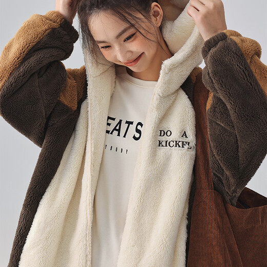 Kissing Cat Soft Velvet Hooded Wide Couple Pajamas Women's Autumn and Winter Warm Thickened Men's Suit Home Clothes 4705 Golden Brown Women's M