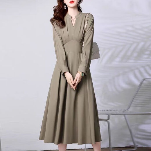 Aosijie High-end Frand French Dress для женщин 2025 весна и осенью Новая корейская версия обтягивающую талию и похудение в средней длине юбка для рубашки с V-образным вырезом легкая военная зеленая l