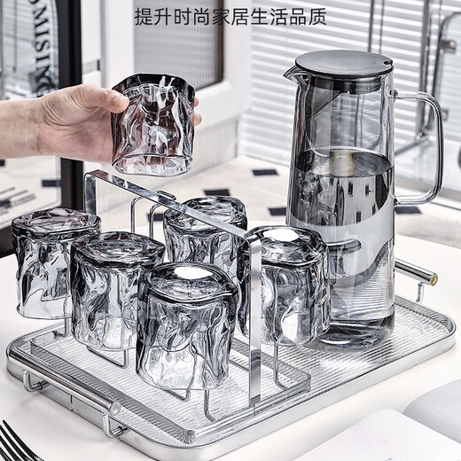 MIDOC glass cup, high-end home water cup set, living room room temperature tea cup, drinking cup, family tea cup set, cigarette ash twist 6 + black frame + black iron plate + gray triangle kettle