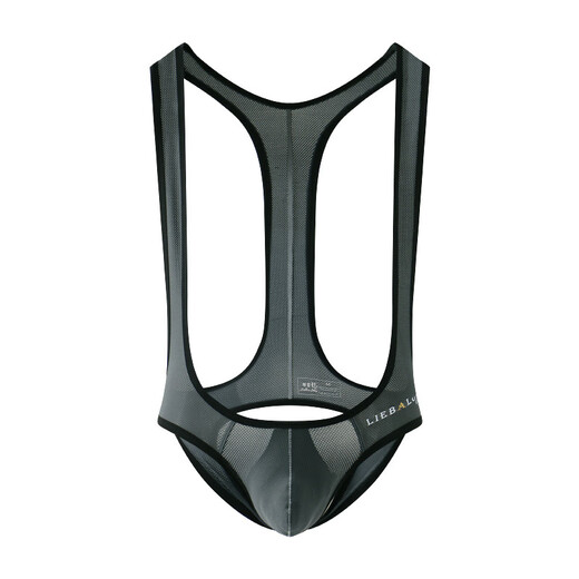 Men's transparent thong ice silk mesh jumpsuit, hip lift, high elastic underwear, solid color slimming sexy double thong, black M