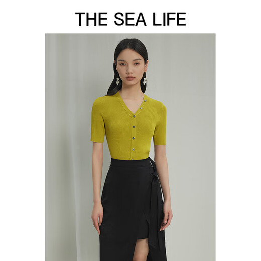 THE SEA LIFE Ou Hai Yisheng Knitted Sweater 24 Spring and Summer Slim Short Sleeve Cool Temperament Knitted Sweater X15868 Glimmer Green S