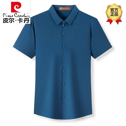 皮尔卡丹（pierre cardin）桑蚕丝短袖衬衫男商务休闲纯色垂感免烫男士真丝无痕衬衣 黑色 L 170【125-140斤】